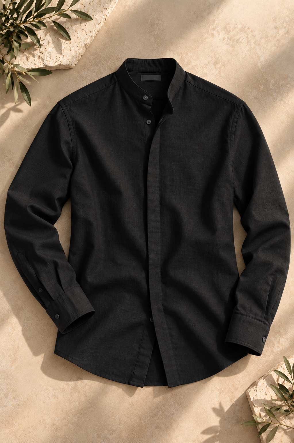 Men's Cotton Mandarin Collar Shirt - Black