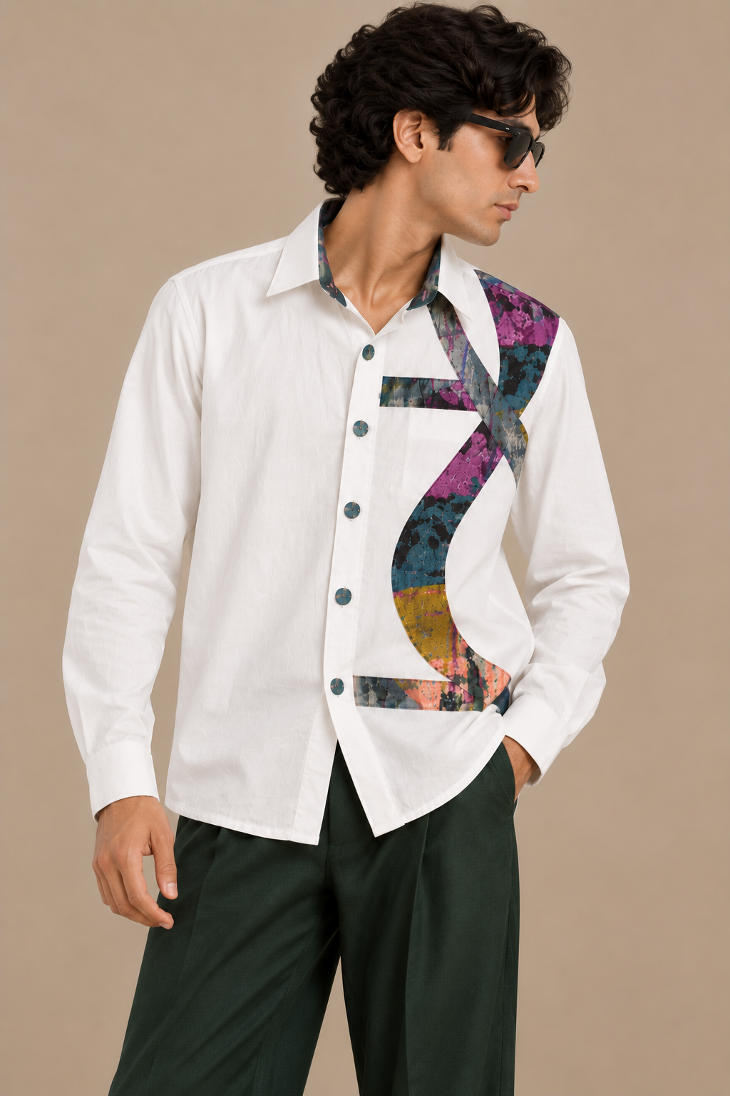 Men's Abstract Panel Shirt - Jewel Tone Print