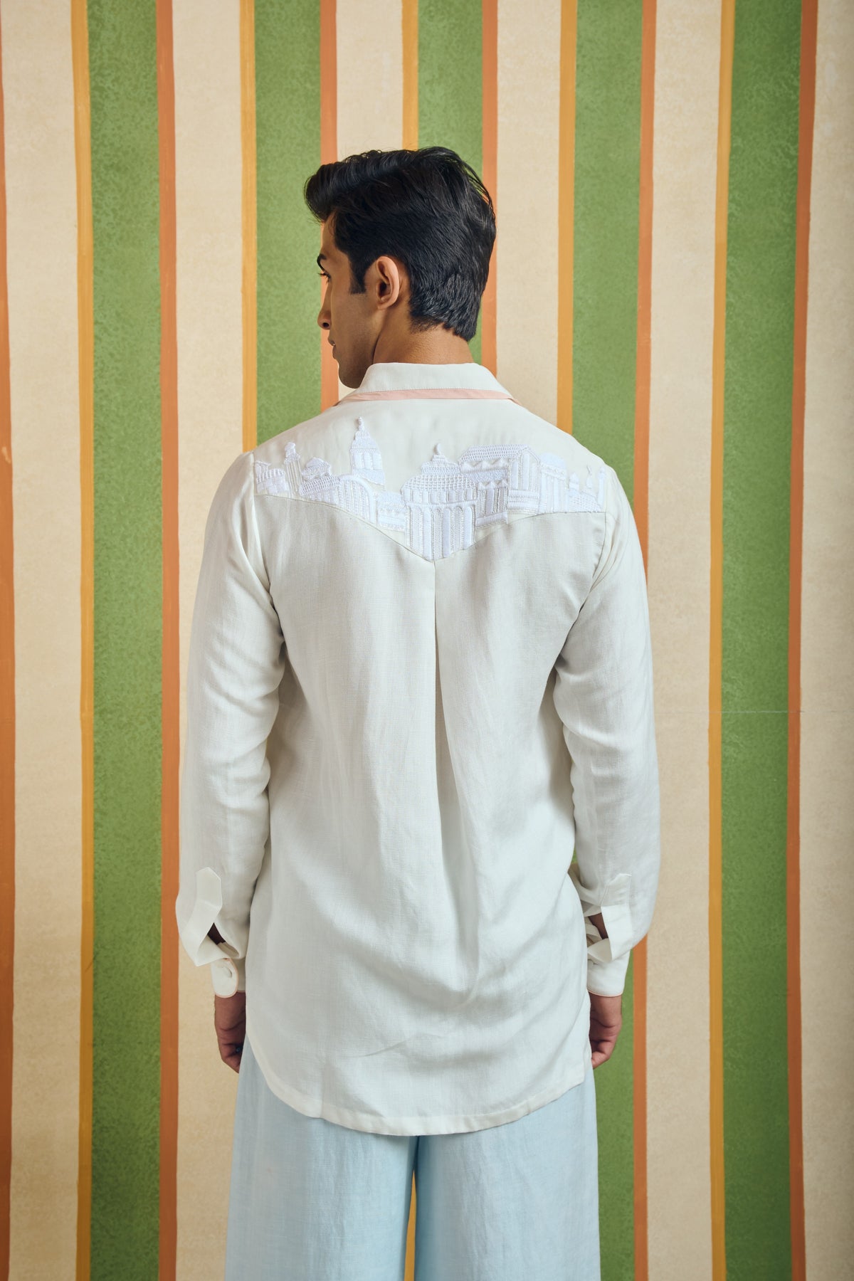 Men's Back Embroidered Linen Shirt – Crest - White