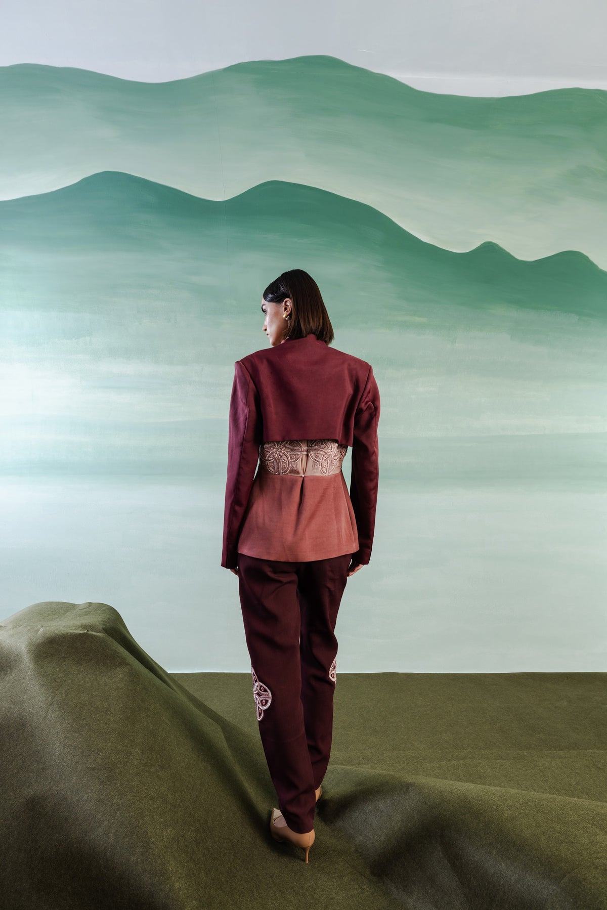 Embroidered Straight Fit Trousers – Roman - Wine Berry