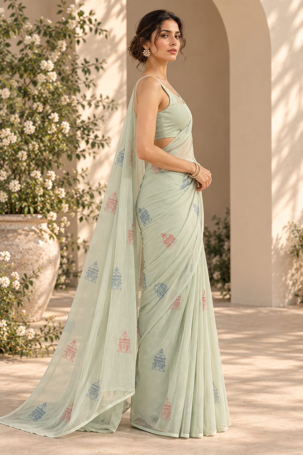 Chikankari Motif Saree – Lucknow - Sage Green