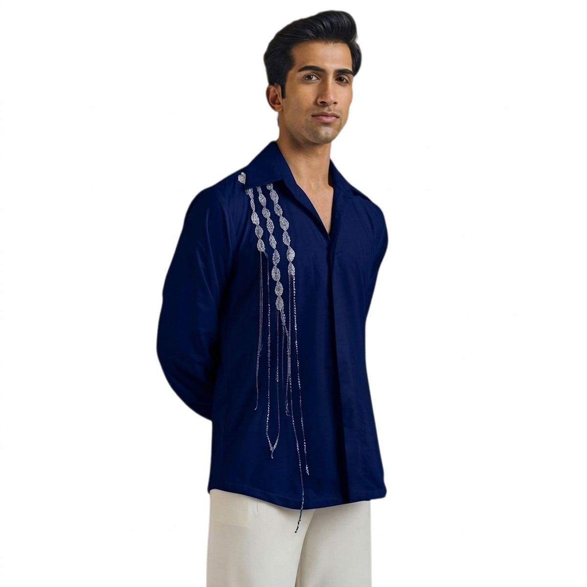 Men's Vertical Embroidered Cotton Shirt – Stream - Navy Blue
