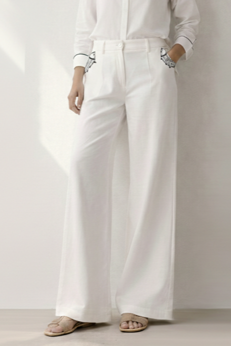 Fish Embroidered Wide-Leg Trousers – Estee - White