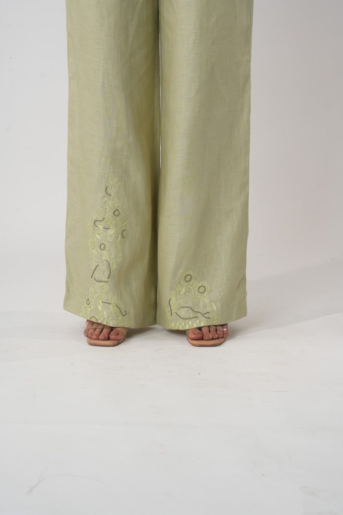 Embroidered Wide-Leg Trousers – Saga - Green
