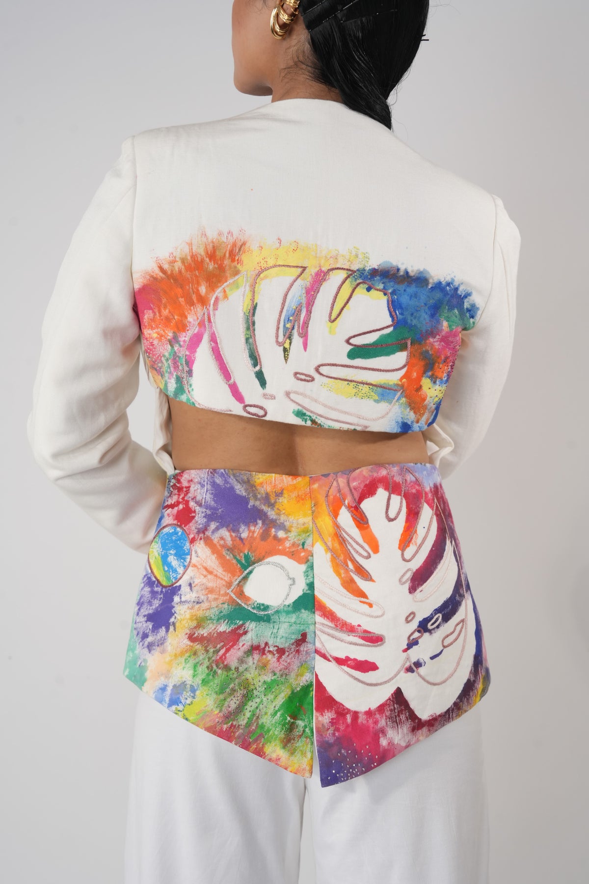 Hand-Painted Cut-Out Blazer – Leaf Imprint - White