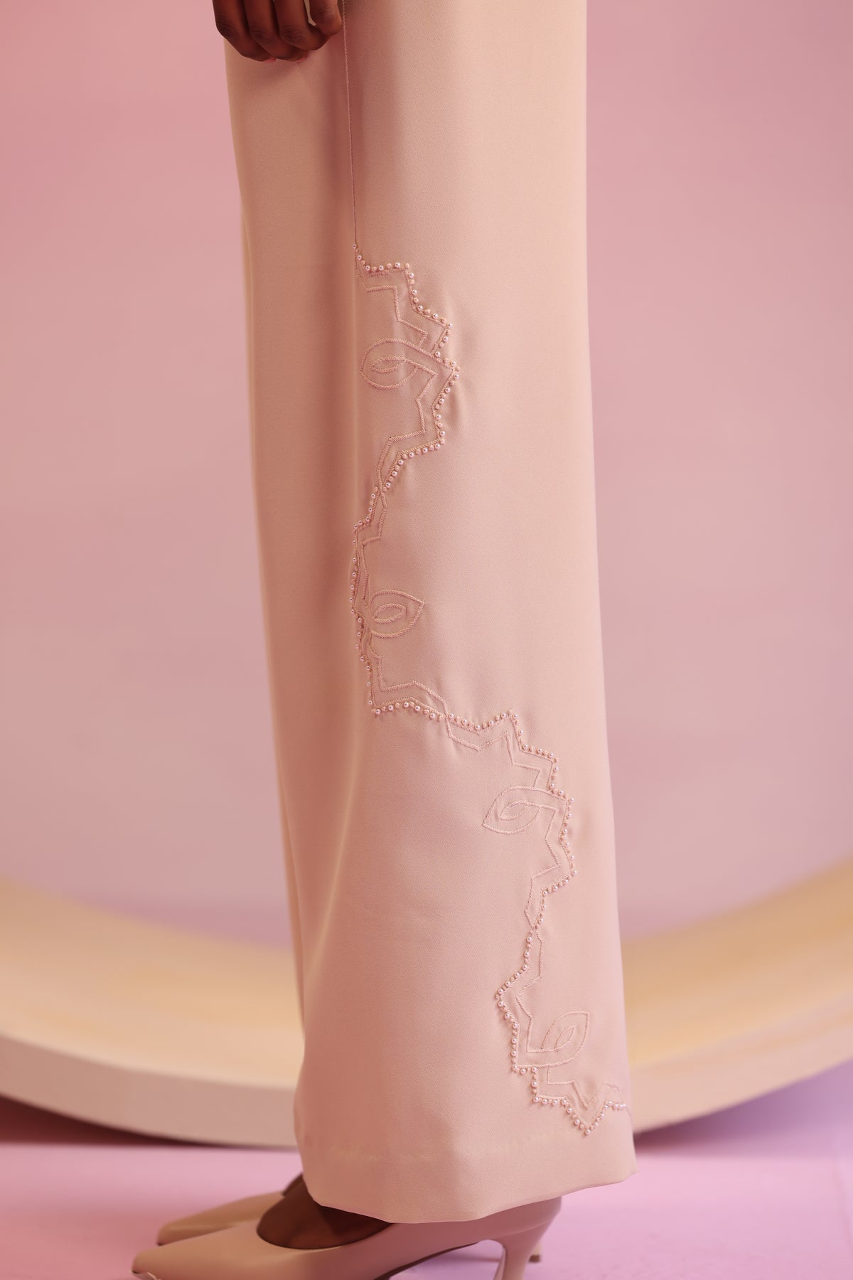 Embroidered Hem Wide-Leg Trousers – Enchanted Grove - Nude
