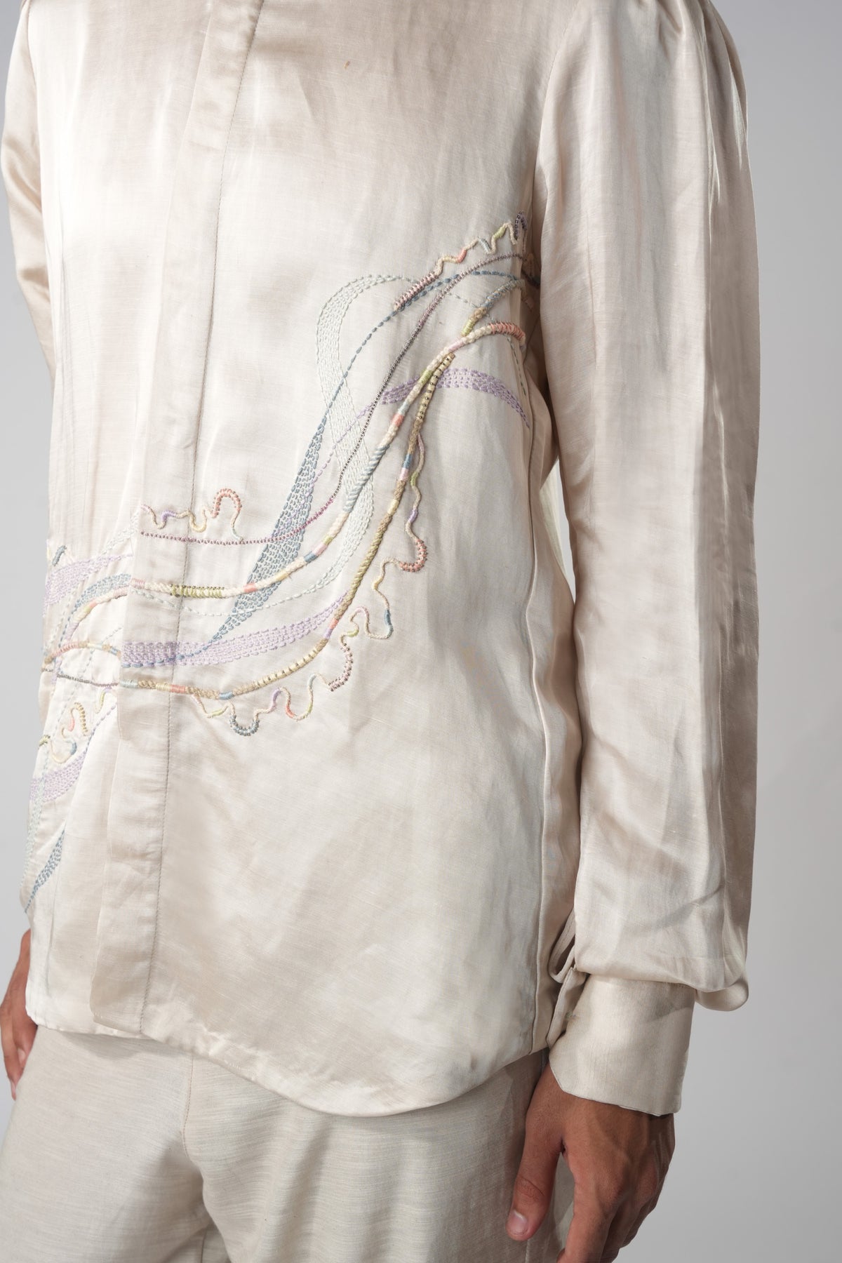 Mandarin Collar Embroidered Shirt – Eleusis - Beige