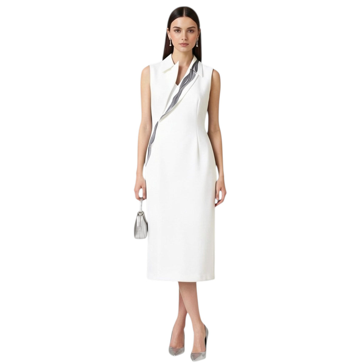 Lapel Neck Tailored Midi Dress – Powerline - White