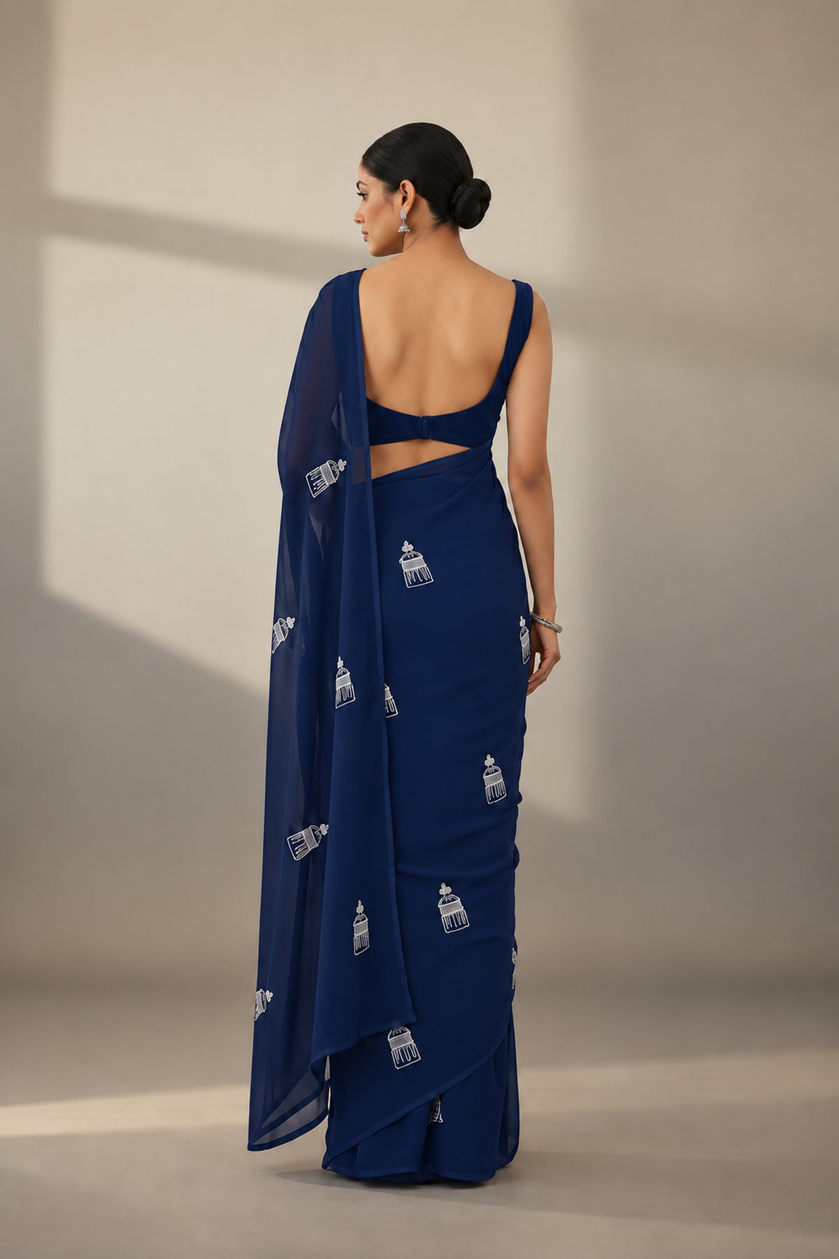 Motif Embroidered Organza Saree – Dome - Navy Blue
