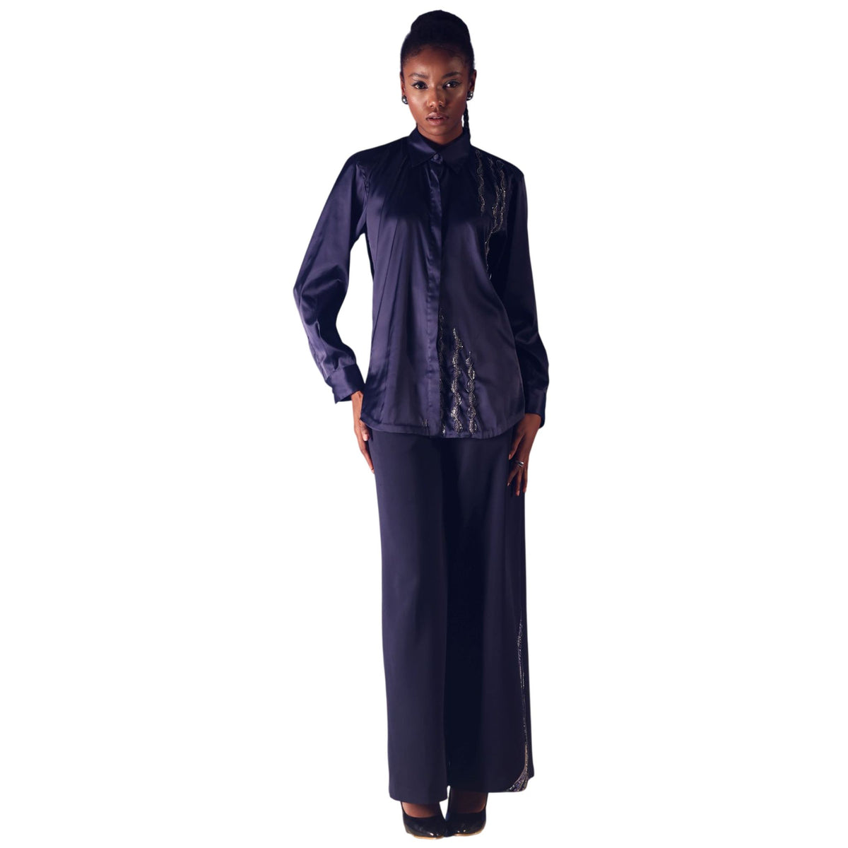 Line Embroidered Satin Shirt – Amira - Navy Blue