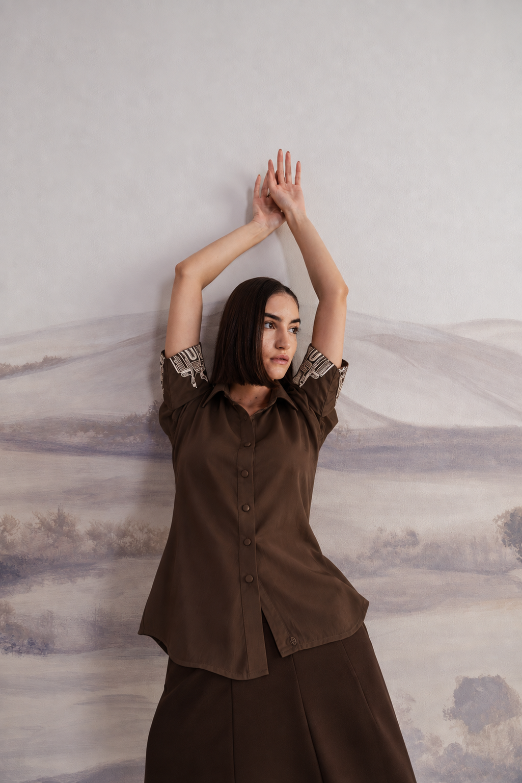 Embroidered Cuff Satin Shirt – Ensemble - Deep Brown