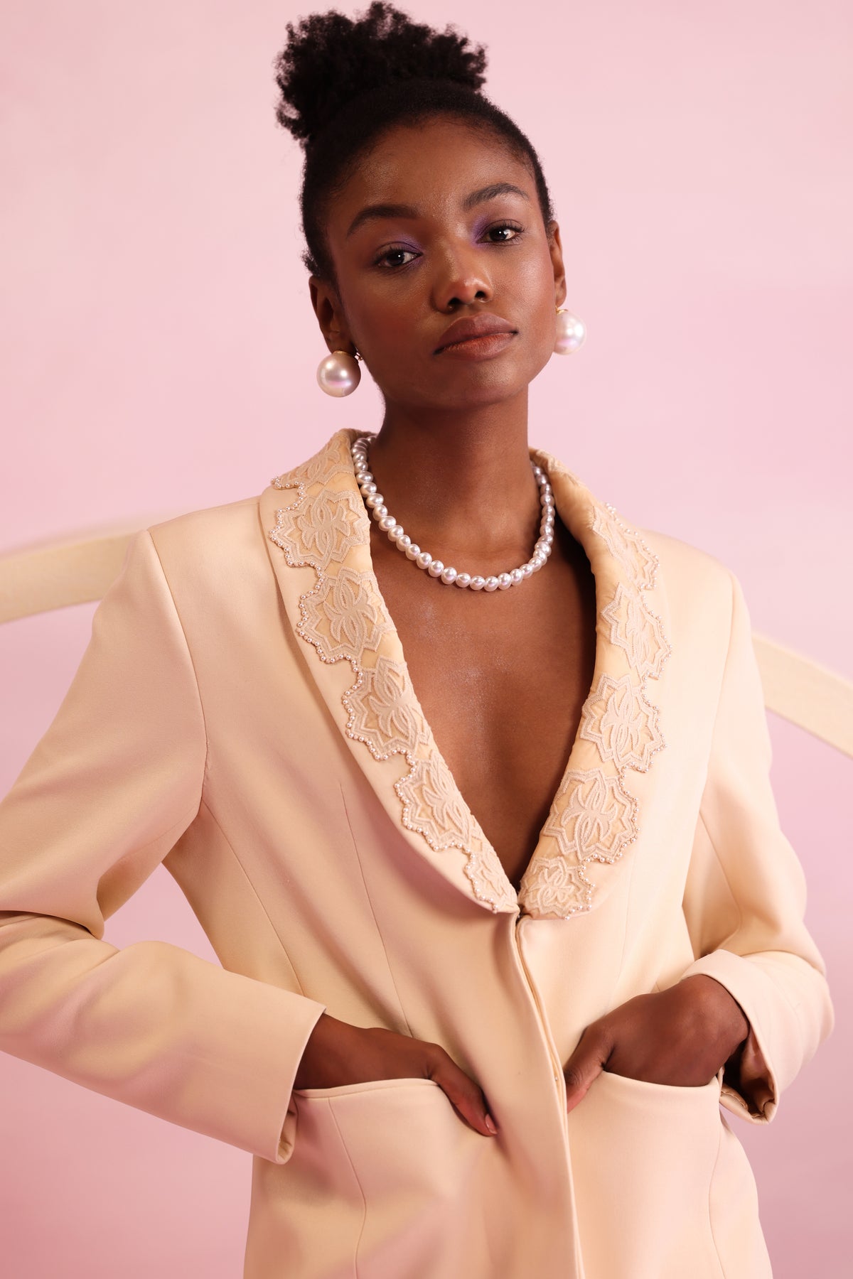 Cut-Out Embroidered Blazer – Canopy Trace - Nude