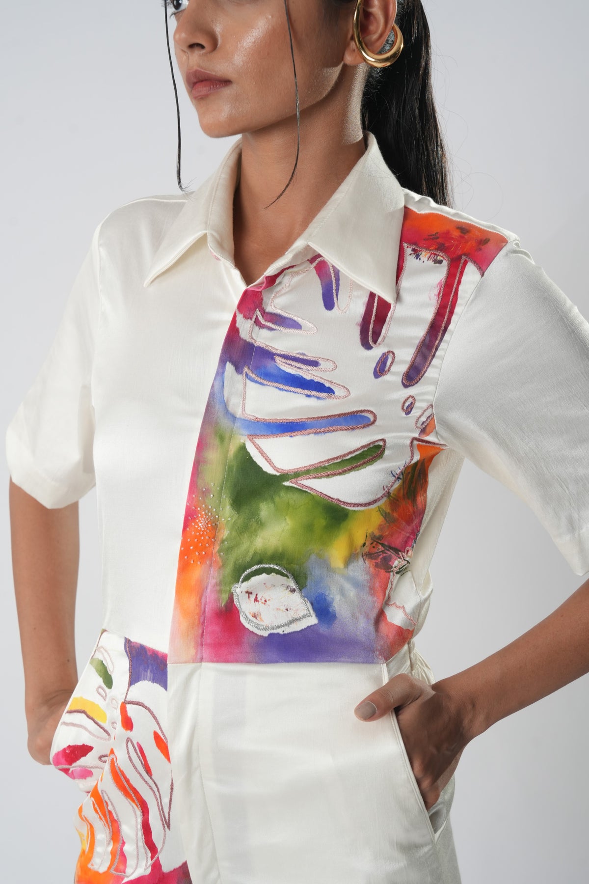 Hand-Painted Botanical Jumpsuit – Tropical Canvas - White