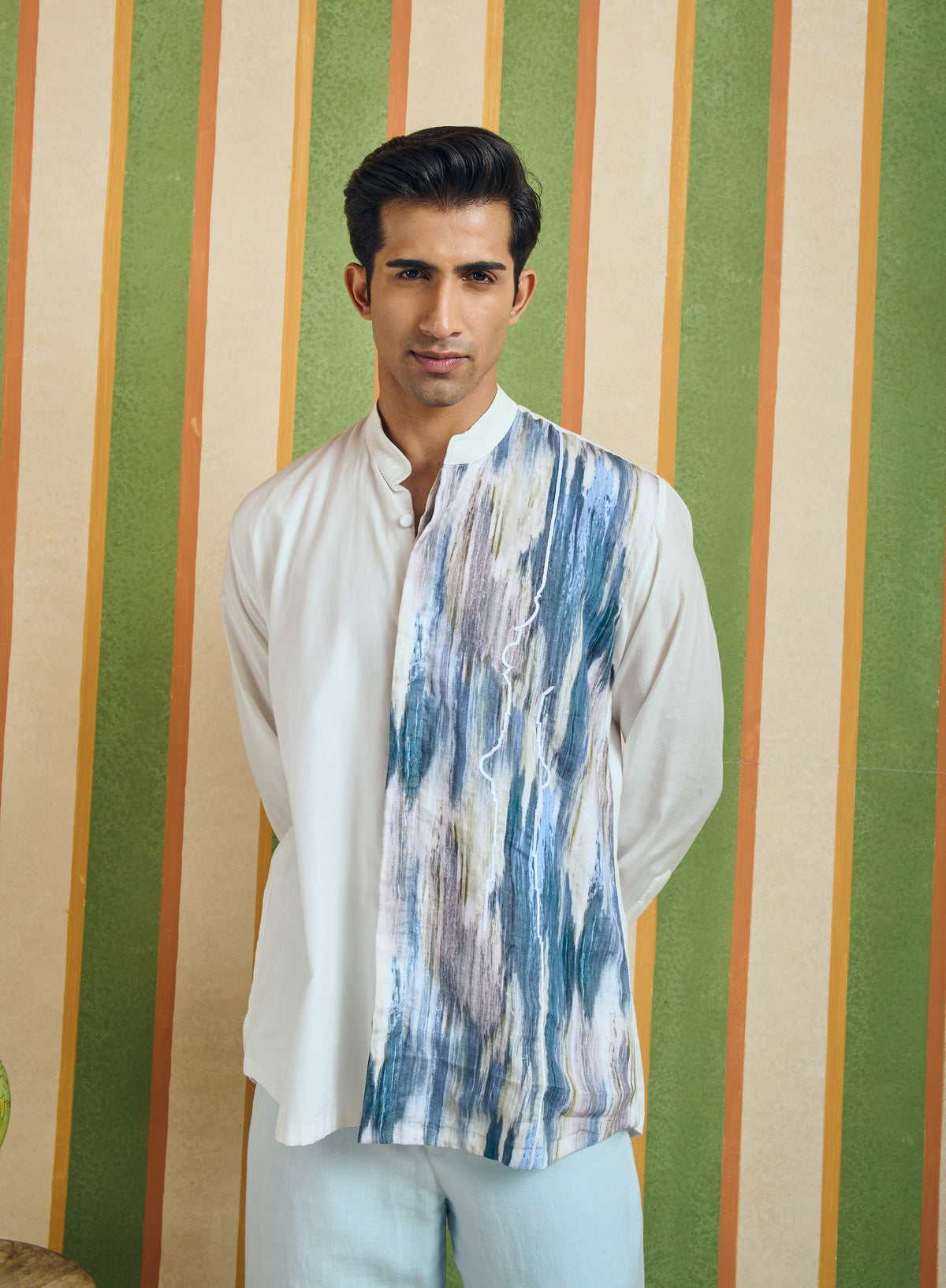 Split Canvas Men’s Shirt - Blue Brushstroke Print
