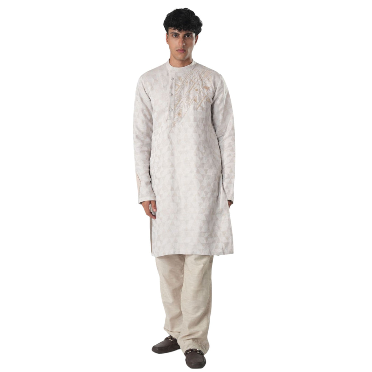 Men's Asymmetric Collar Long Kurta – Elder's Crest - Beige