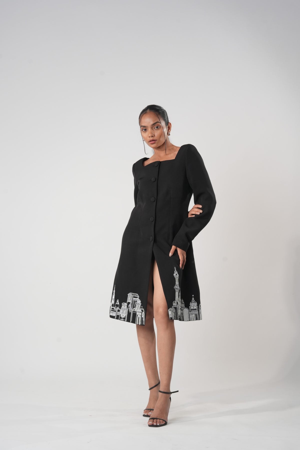 Square Neck Button-Down Long Coat – Cassius - Black
