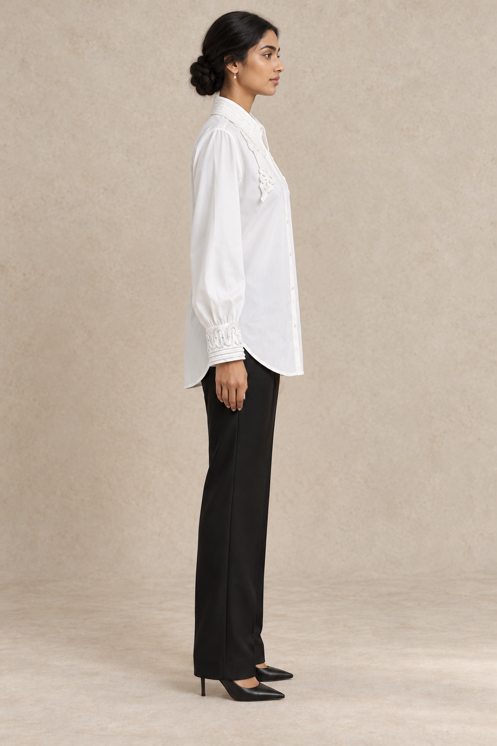 Collar Embroidered Satin Shirt - White
