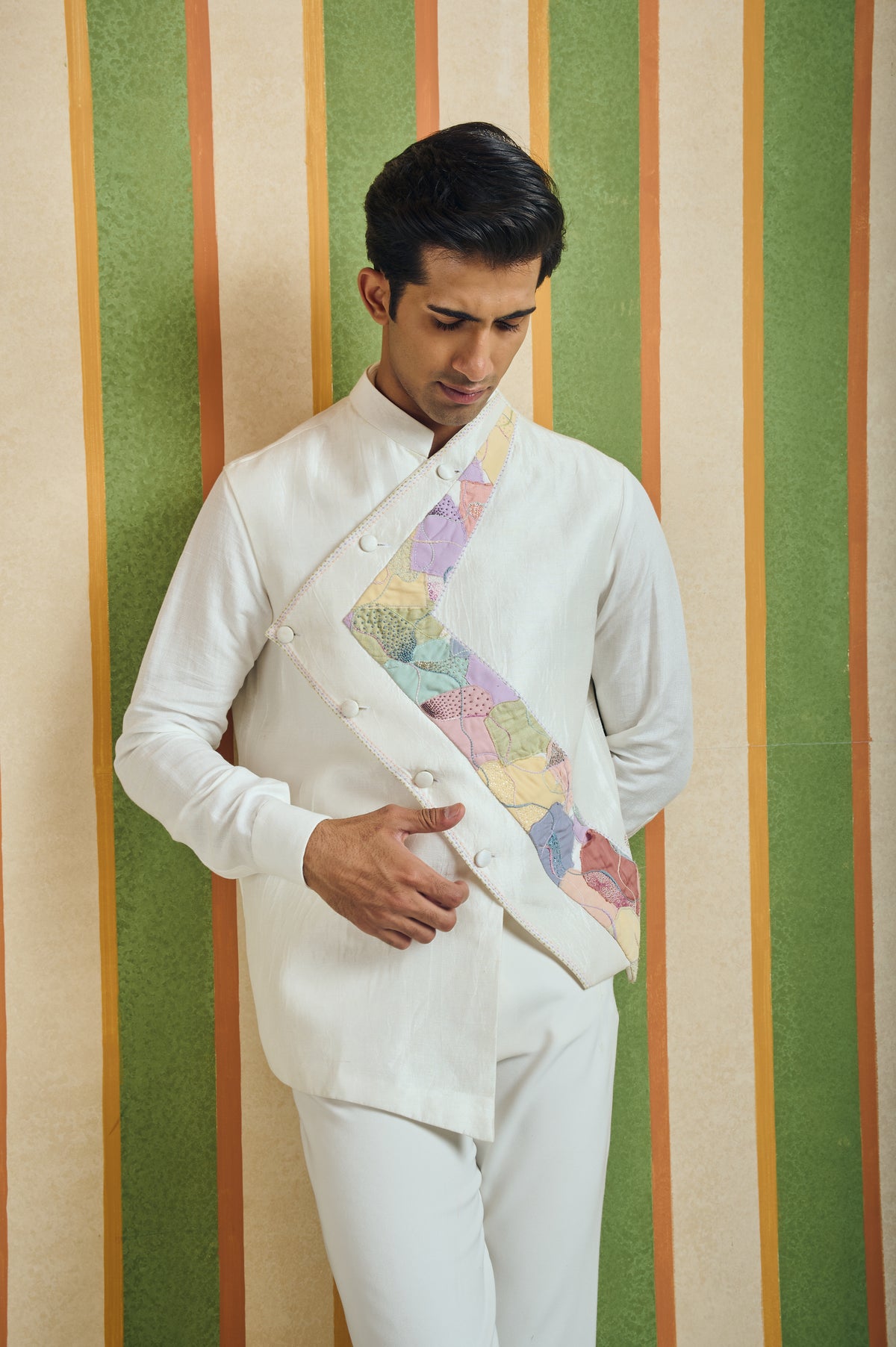 Men's Patchwork Asymmetric Sadri – Prism - White
