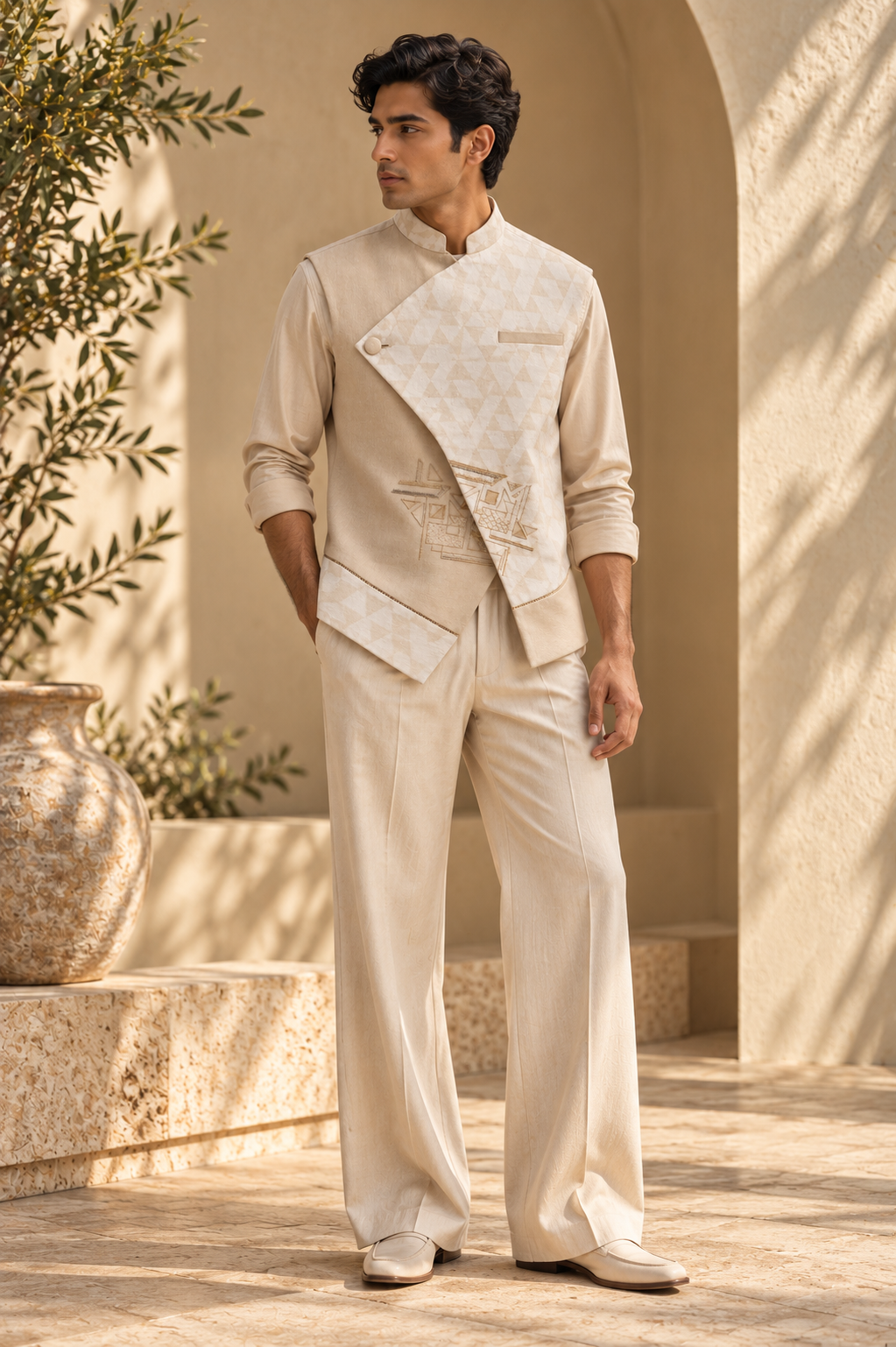 Men's Overlapped Sadri – Triangle - Beige