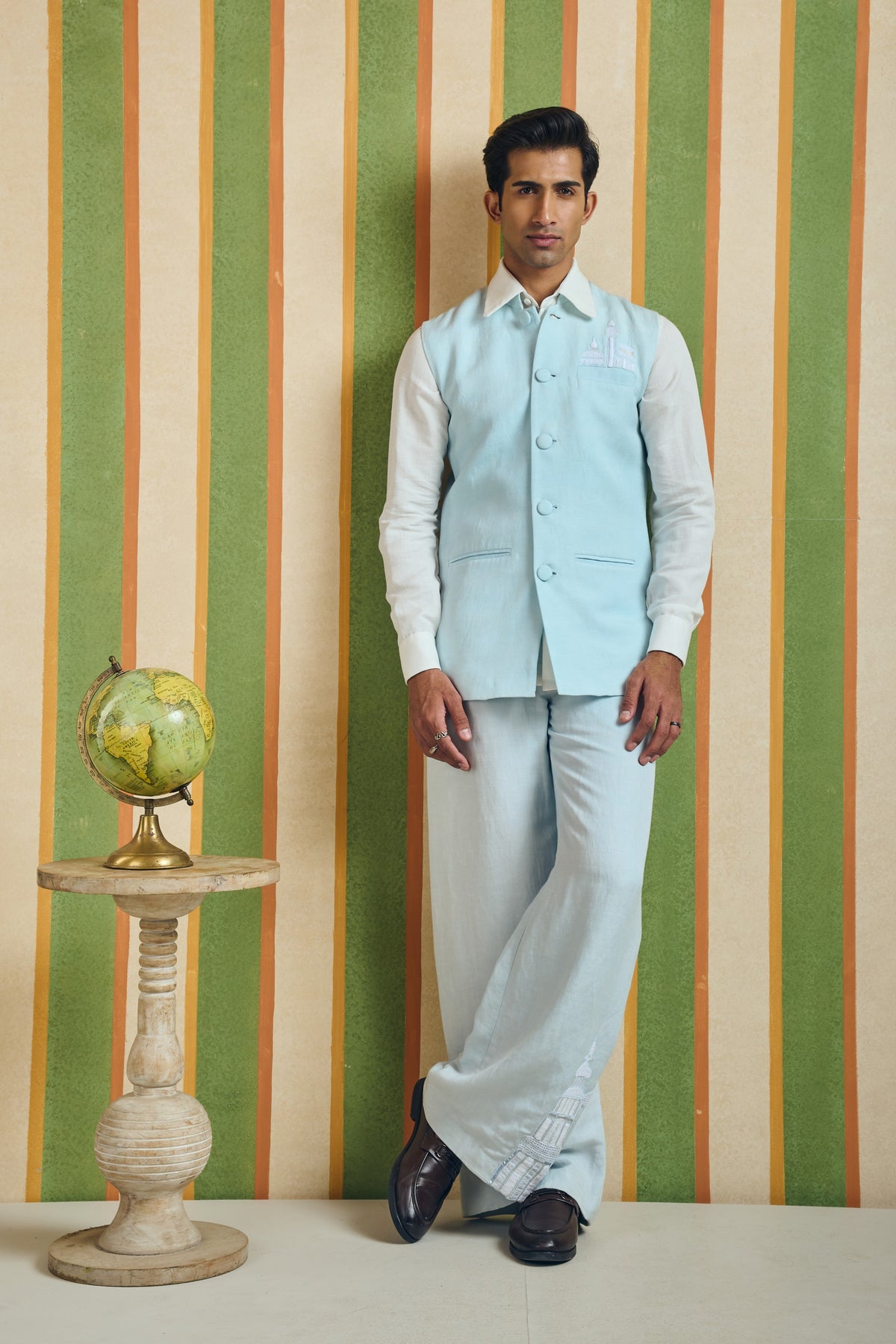 Embroidered Wide-Leg Linen Trousers – Skyline - Blue