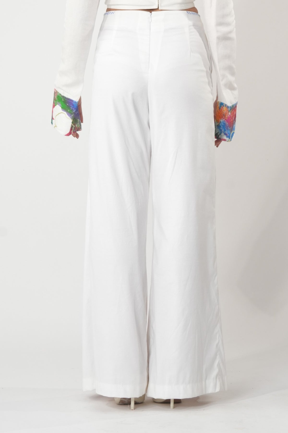 Front Pleated Flared Trousers – Abstract Art - White