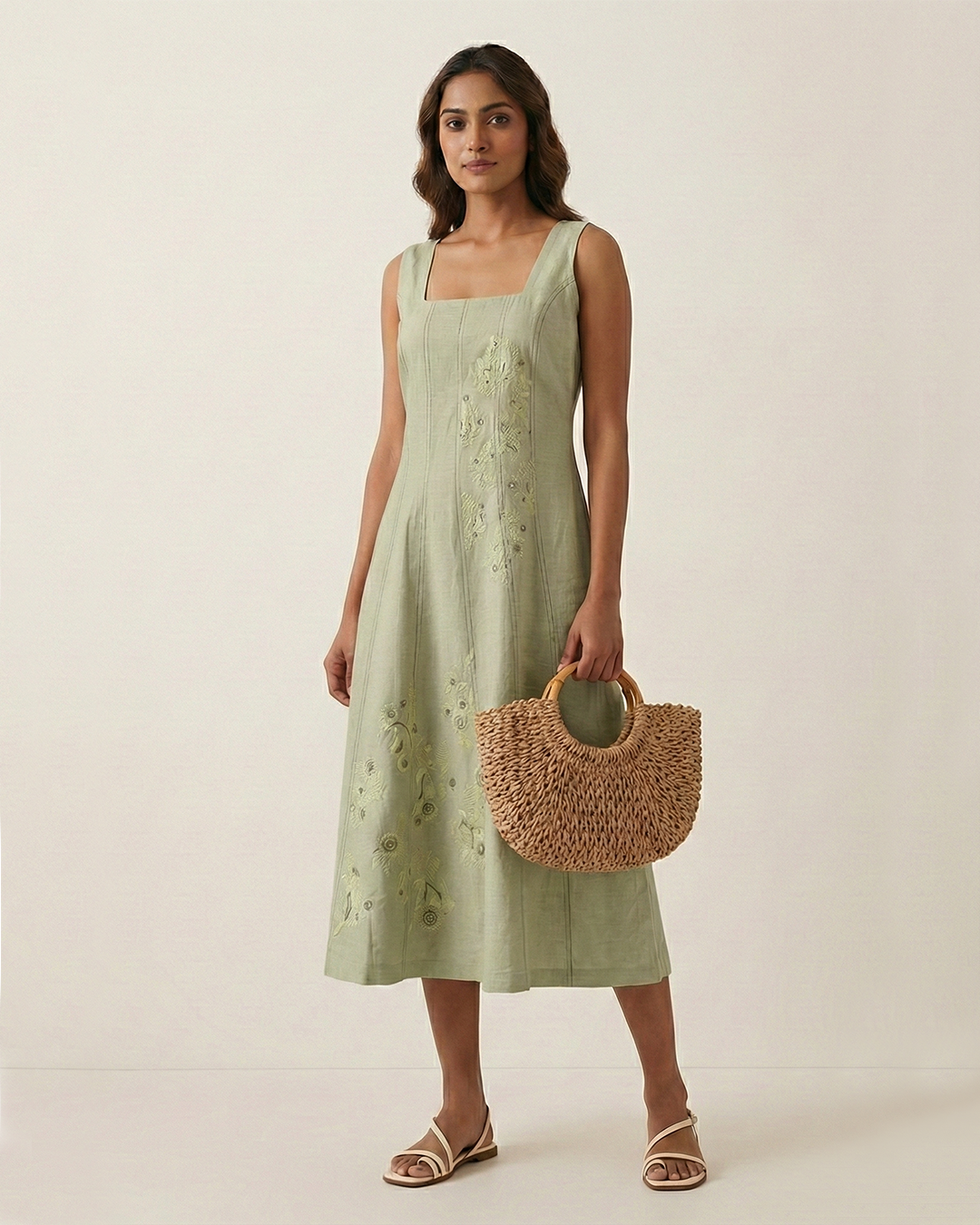 Square Neck Panelled Dress – Panel Icon - Green