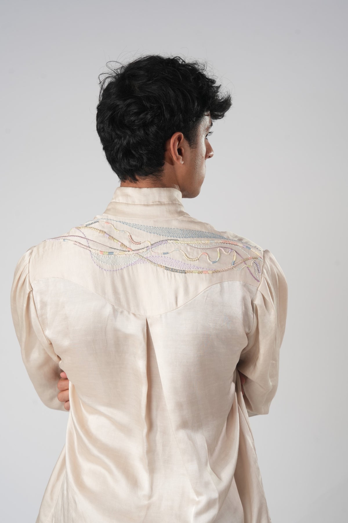 Mandarin Collar Embroidered Shirt – Eleusis - Beige