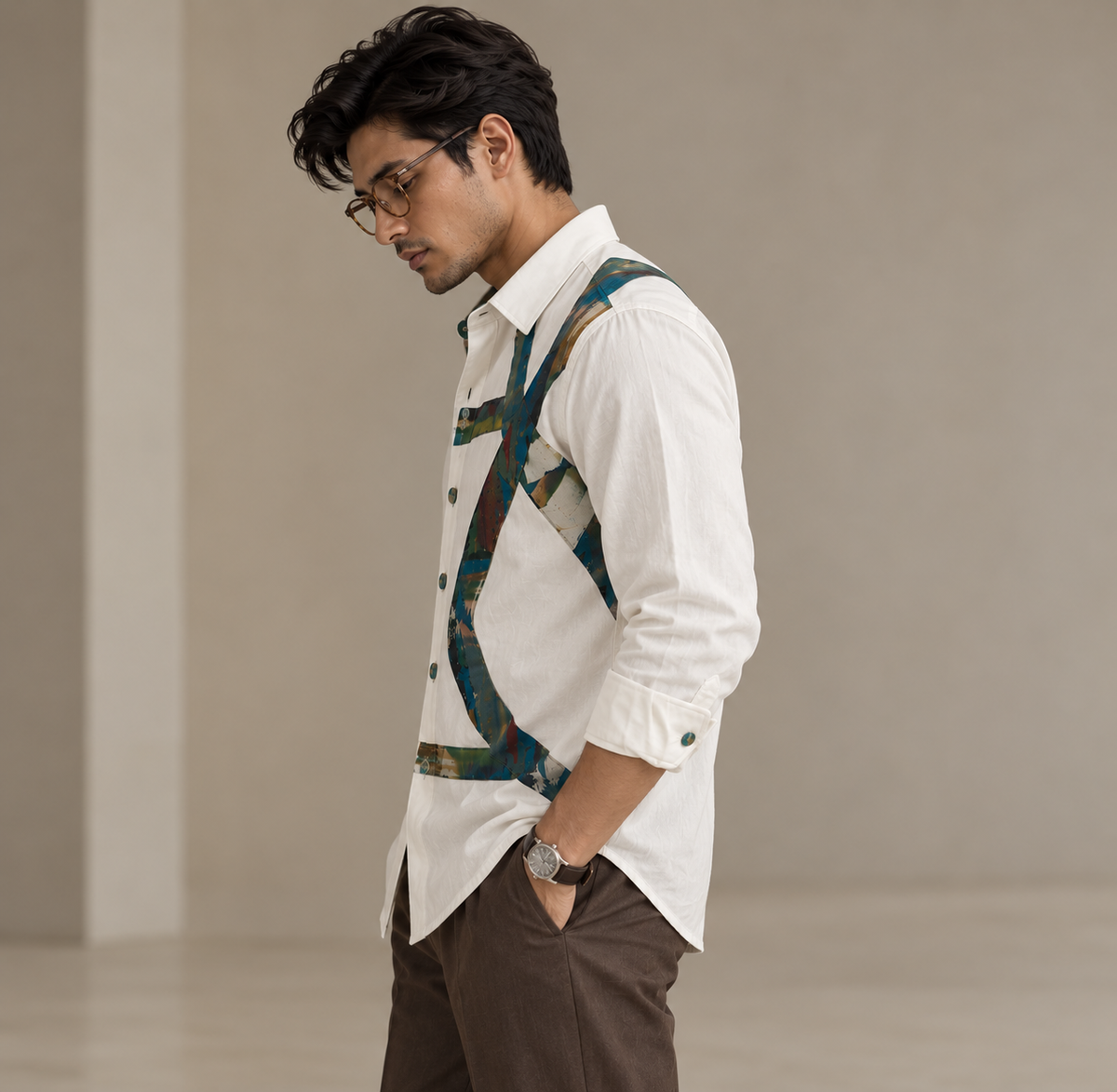 Men's Abstract Panel Shirt - Teal Brushstroke Print