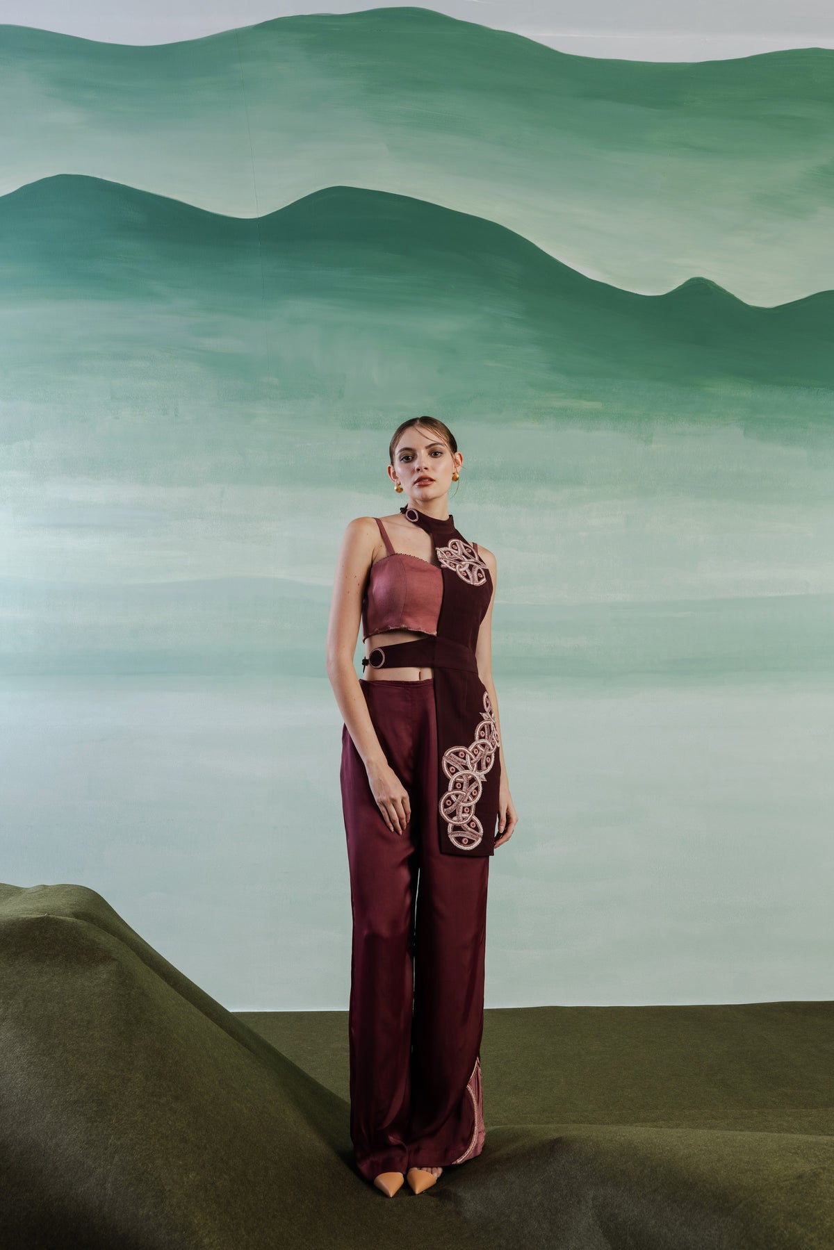 Satin Wide-Leg Flared Trousers – Centurion - Wine Berry
