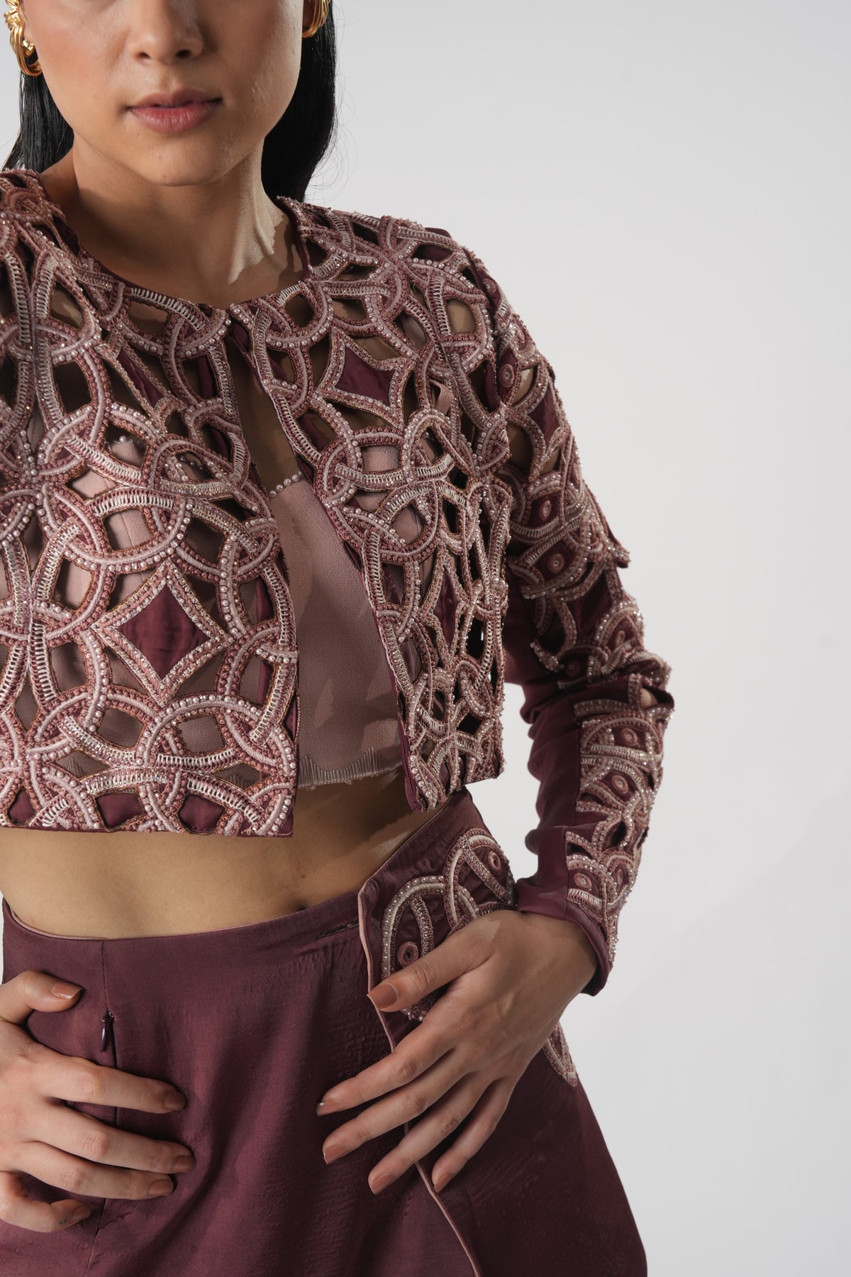 Cutwork Embroidered Jacket – Triquetra - Wine Berry
