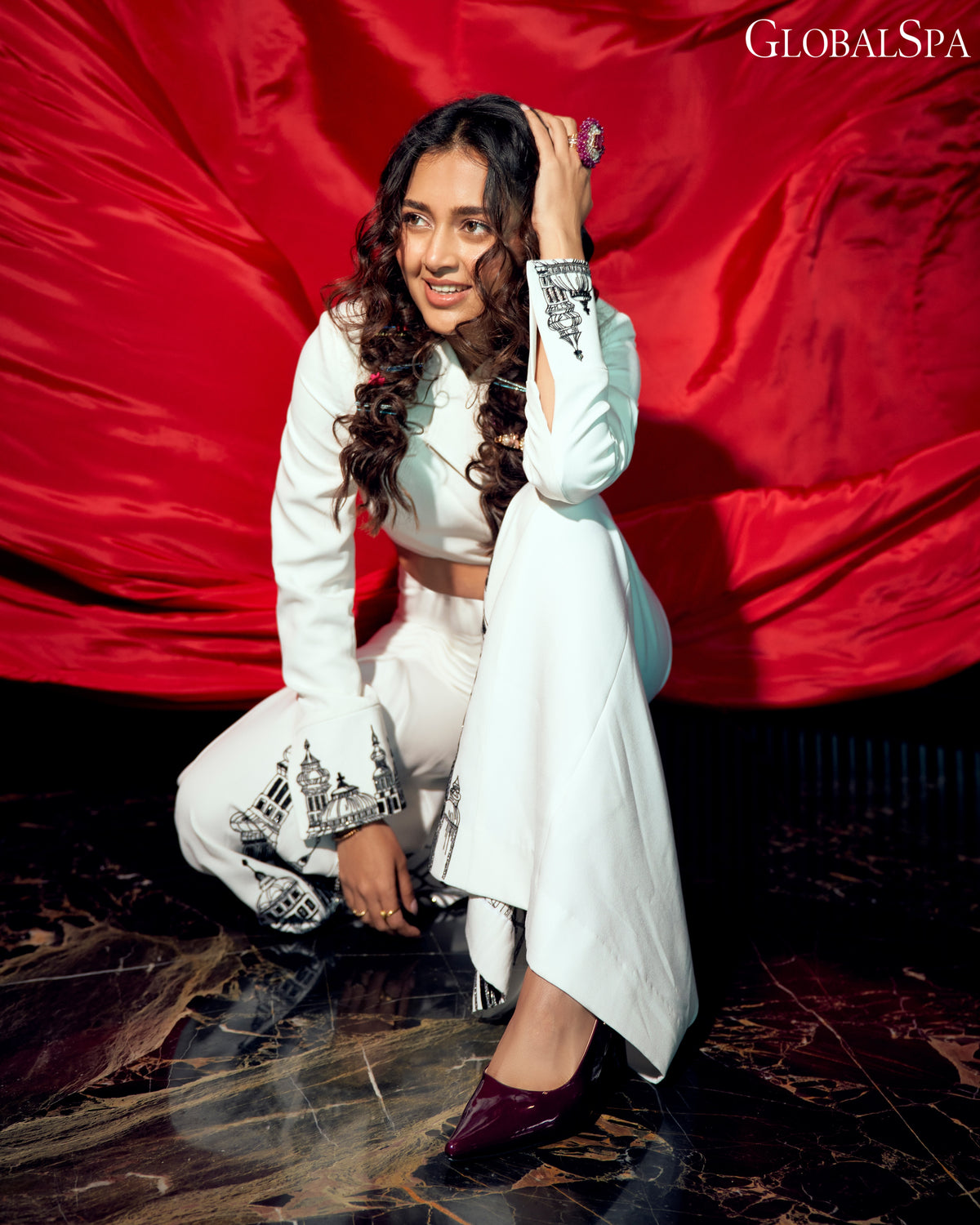 Embroidered Pleated Flared Trousers – Centurion - White