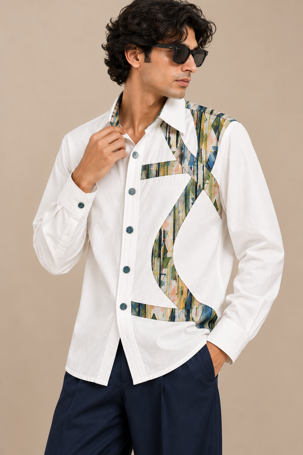 Men's Abstract Panel Shirt - Sage Stripe Print