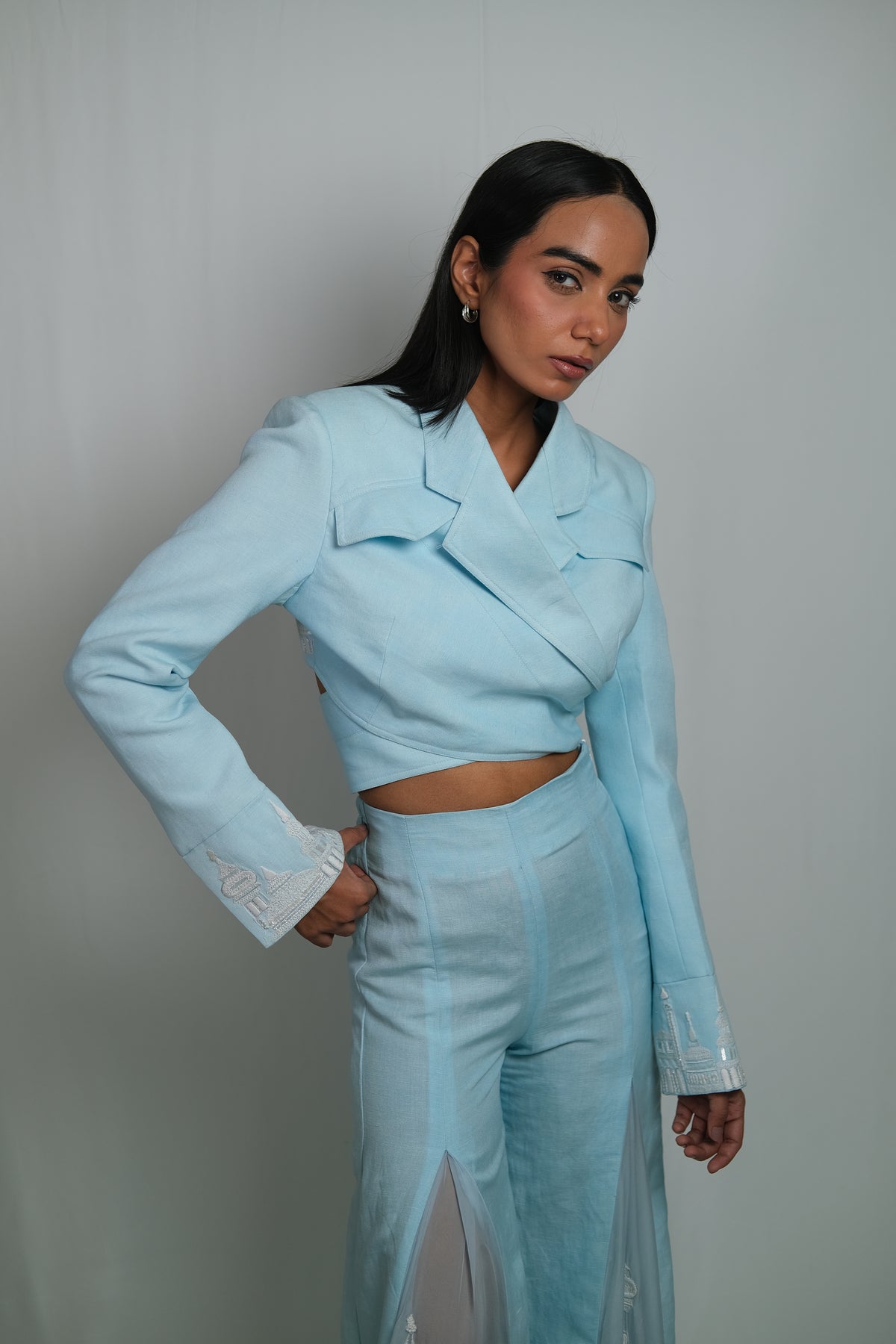 Criss Cross Open Back Crop Jacket – Roman - Sky Blue