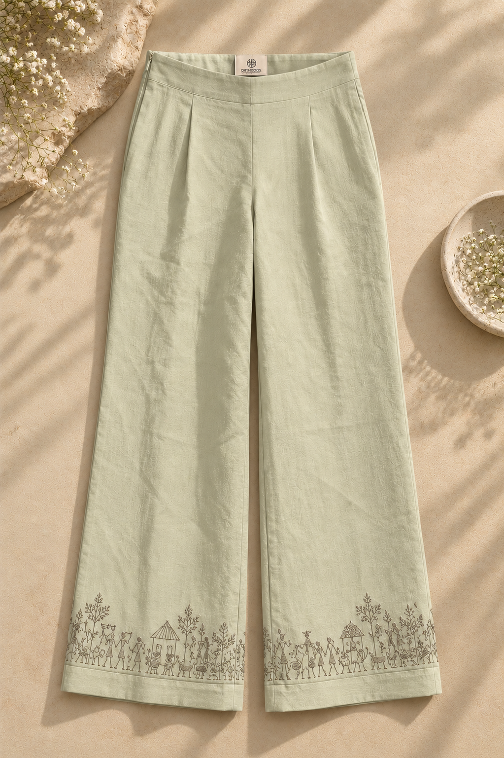 Symmetrical Embroidered Trousers – Warli - Sage Green