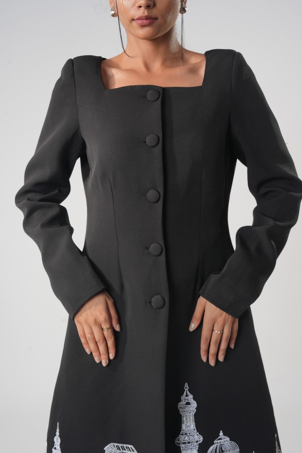 Square Neck Button-Down Long Coat – Cassius - Black