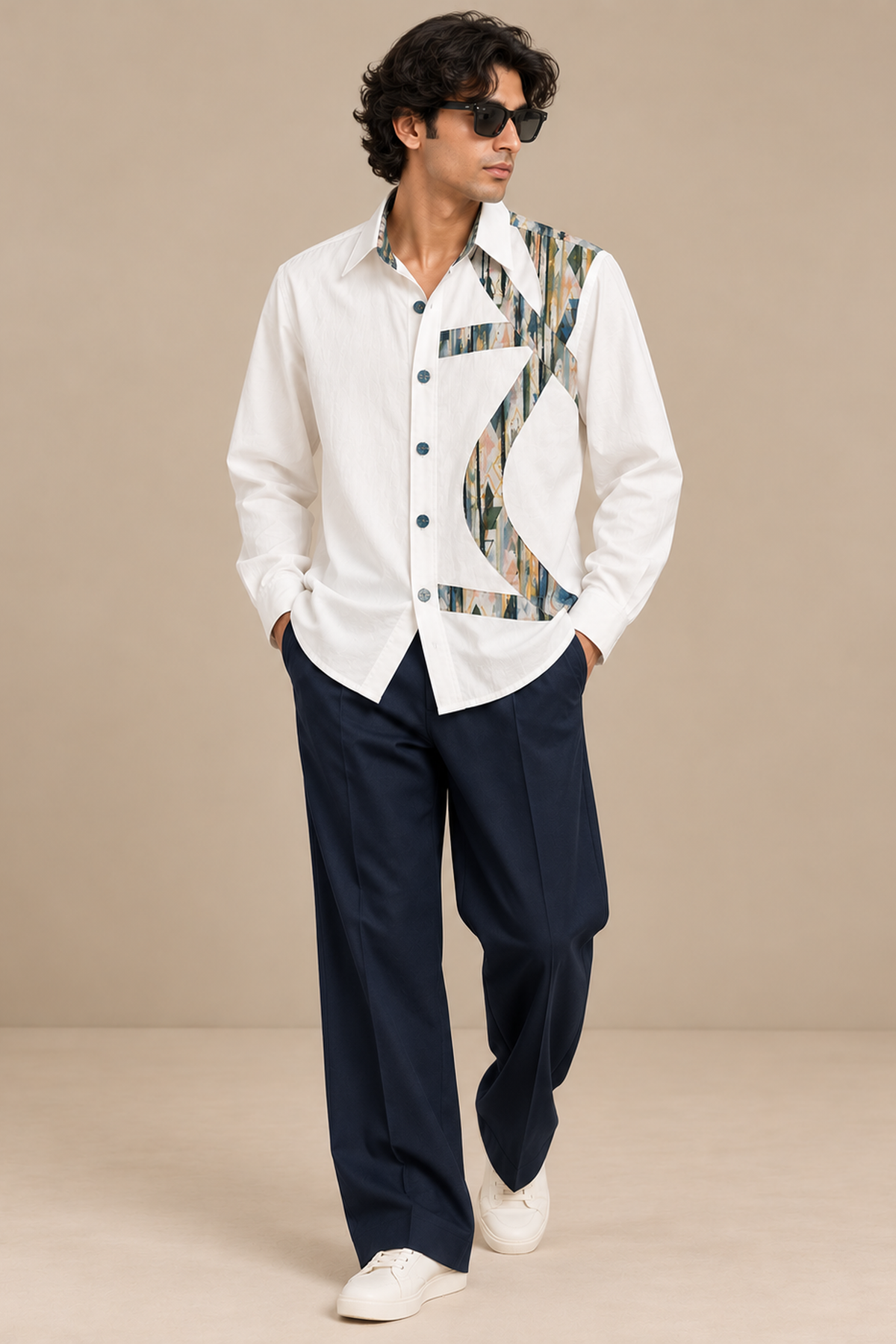 Men's Abstract Panel Shirt - Sage Stripe Print