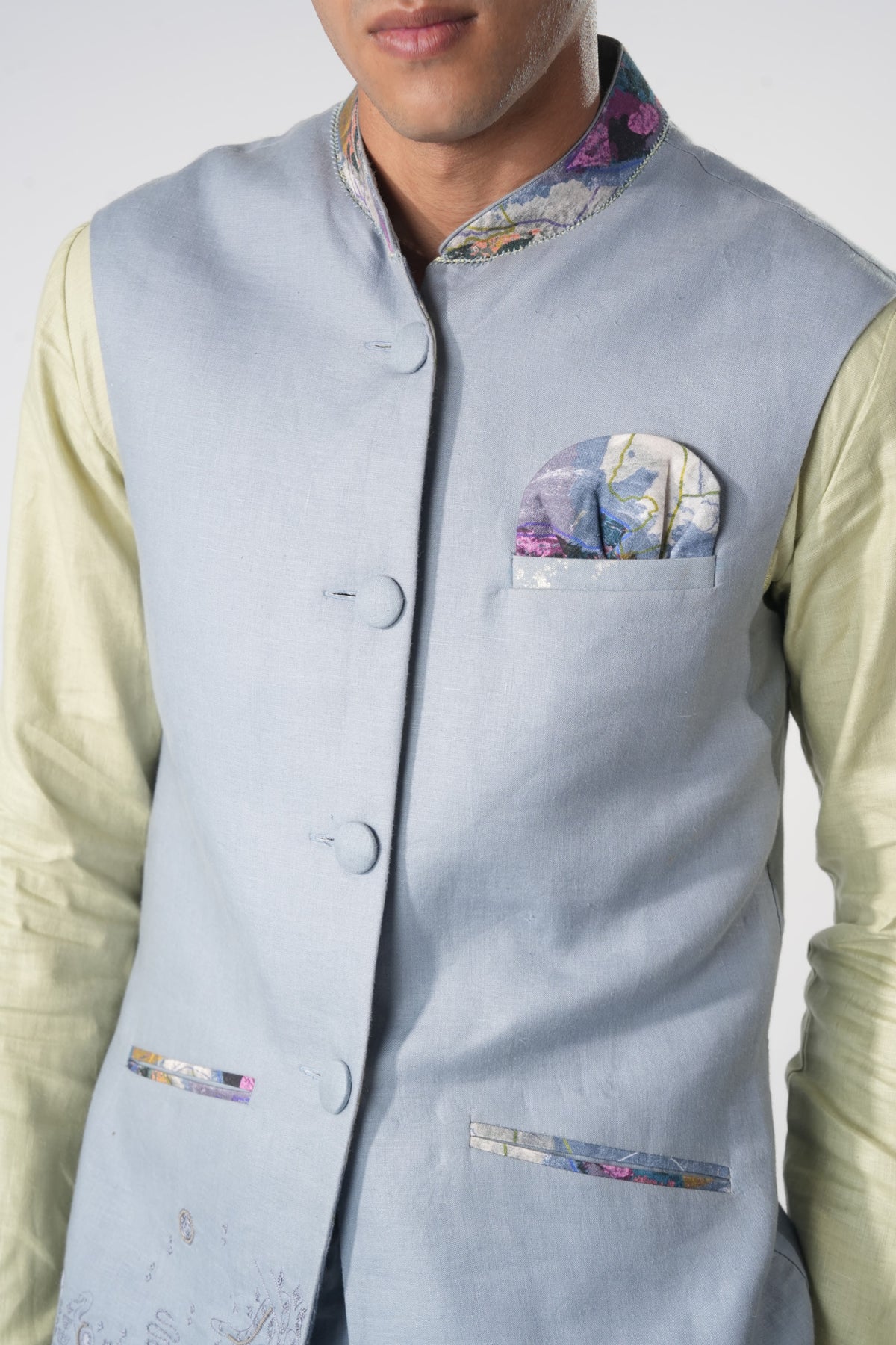 Men's Embroidered Hem Sadri – Wisdom Weave - Blue