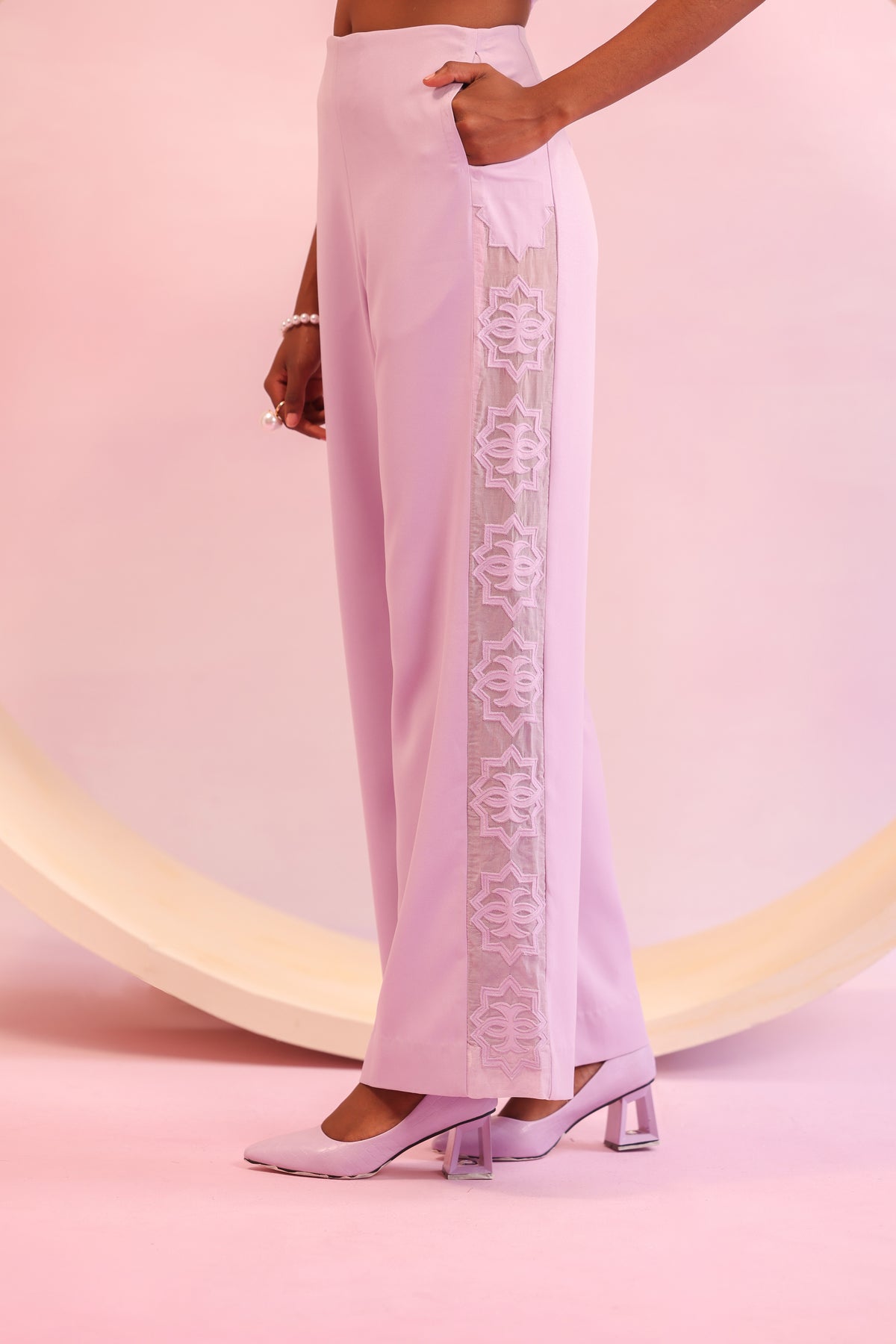 Mesh Side Panel Flared Trousers – Lattice Bloom - Lavender