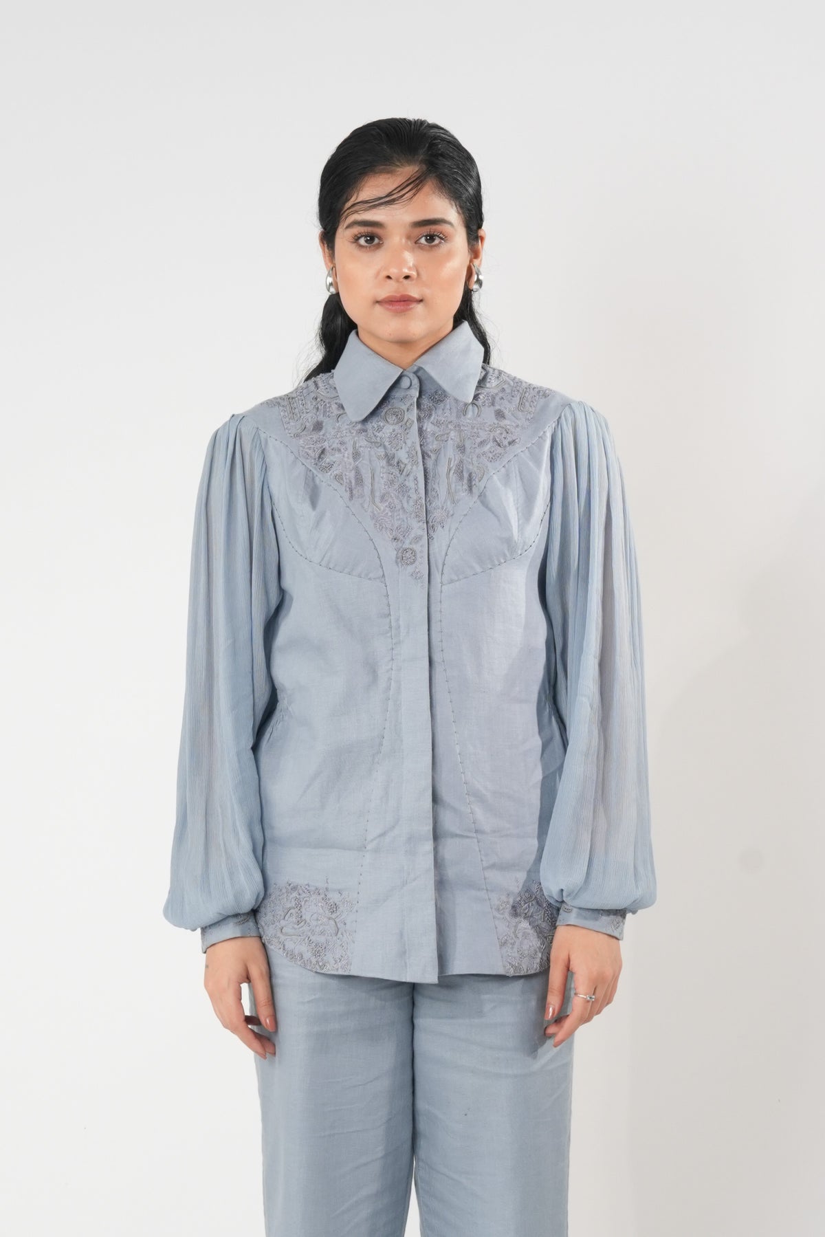 Puff Sleeve Hourglass Shirt – Aranya - Blue