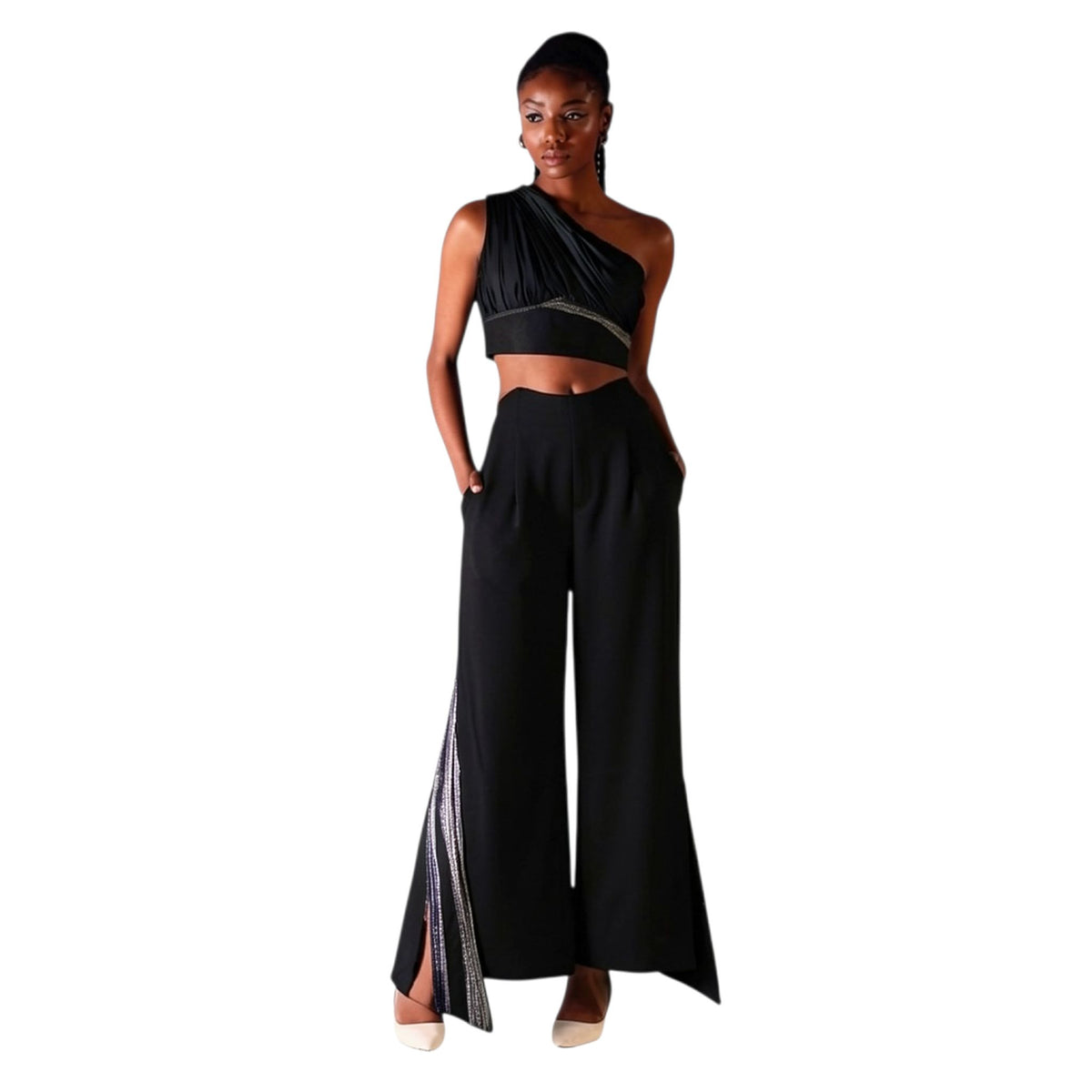 Overlap Slit Wide-Leg Trousers – Heba - Black