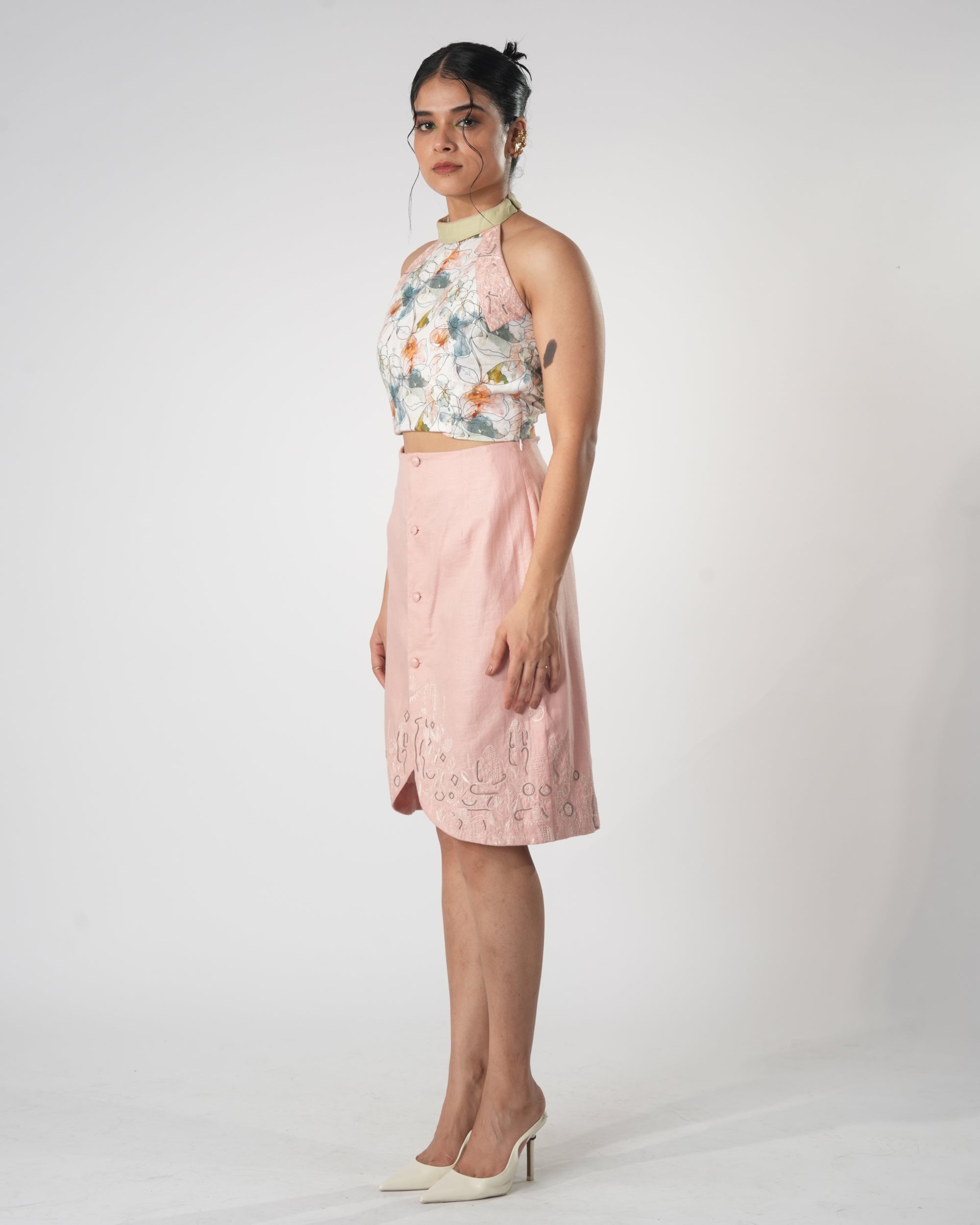 Blossom Petal Skirt in pink - knee-length embroidered button-down skirt by Orthodox, view 3 of 5