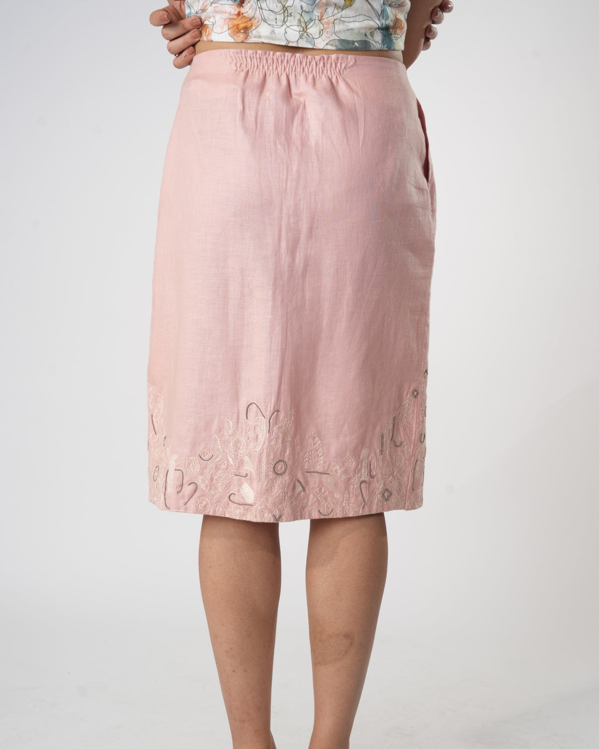 Blossom Petal Skirt in pink - knee-length embroidered button-down skirt by Orthodox, view 4 of 5