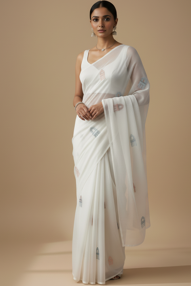 White Silk Saree with Hand-Embroidered Motifs