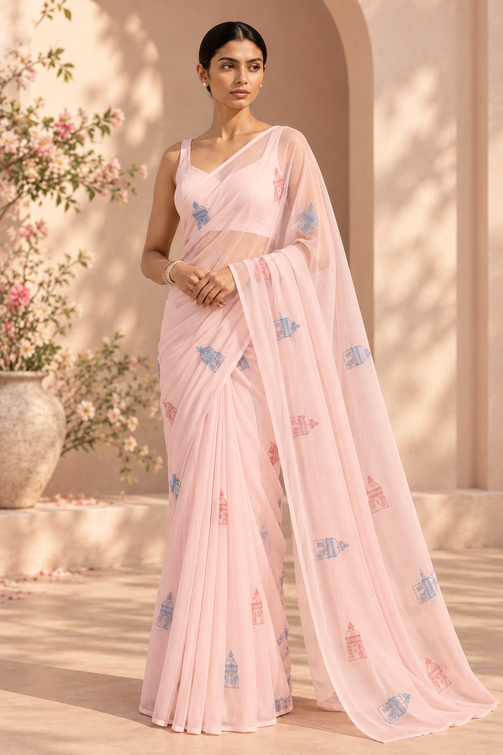 Chikankari Motif Saree – Lucknow - Blush Pink