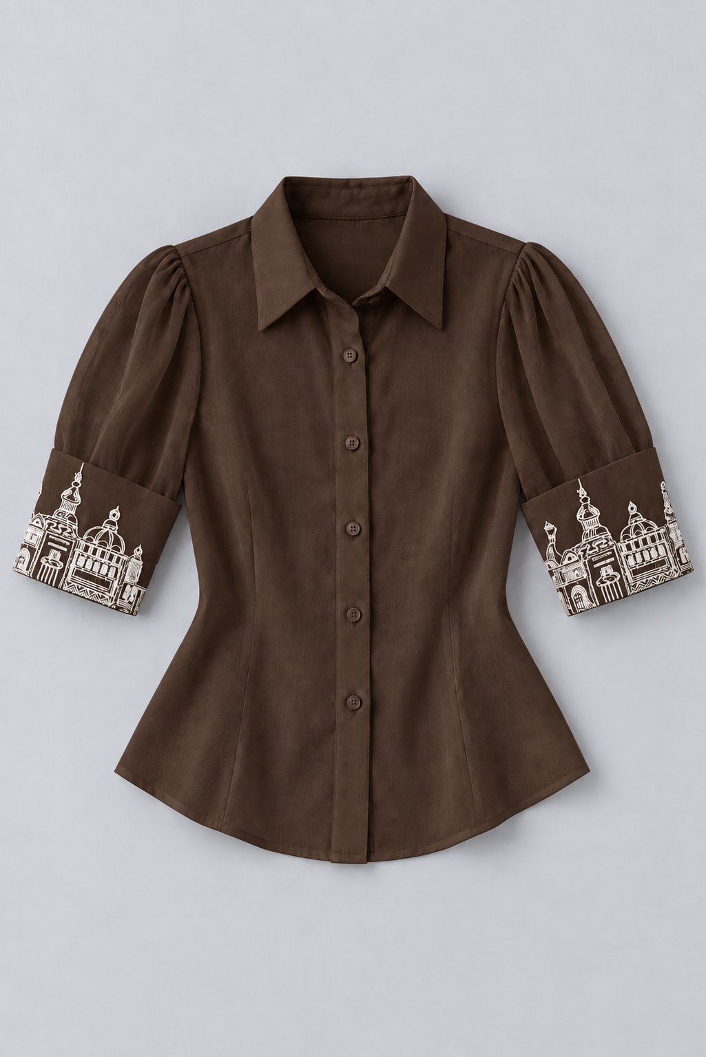Embroidered Cuff Satin Shirt – Ensemble - Deep Brown