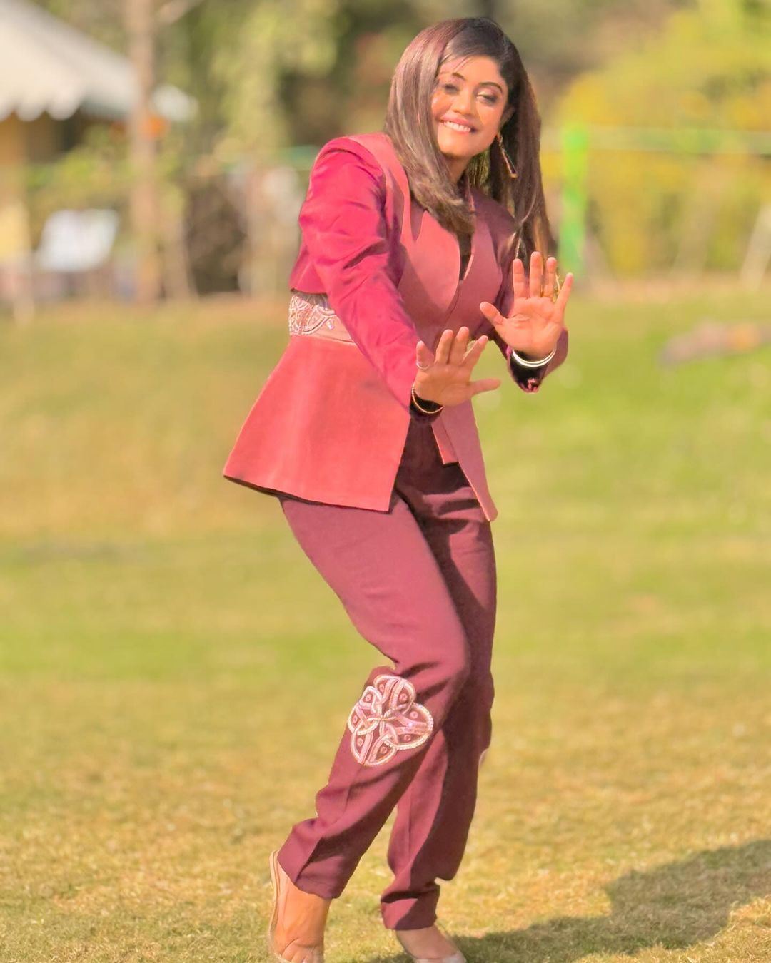 Embroidered Straight Fit Trousers – Roman - Wine Berry