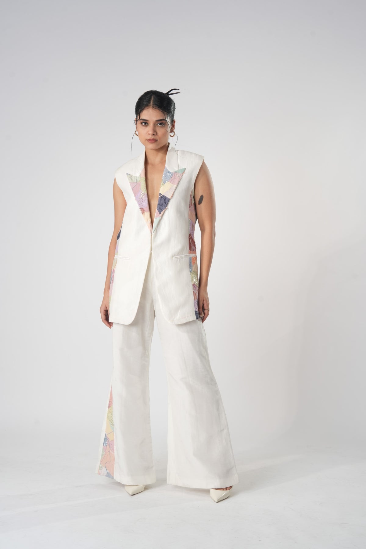 Patchwork Flared Trousers – Whisper - White