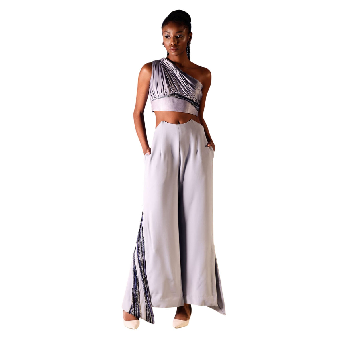 Overlap Slit Wide-Leg Trousers – Heba - Cool Grey