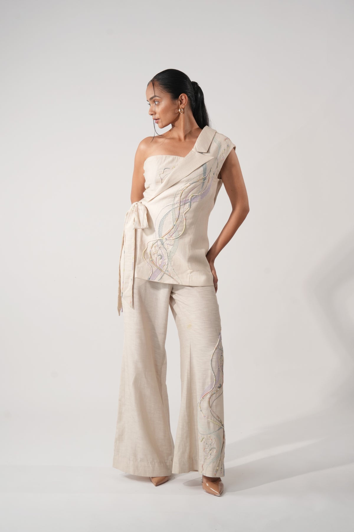 One-Shoulder Tie-Up Half Jacket – Meadow - Beige
