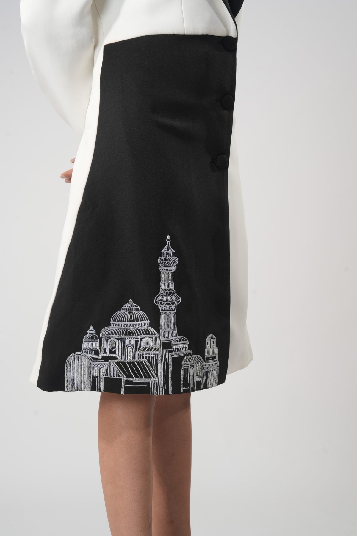 Asymmetric Embroidered Long Coat – Vestalia - Black And White